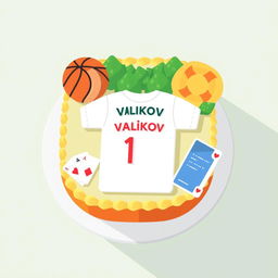 A bento cake design featuring a flat illustration of a basketball, a volleyball net, and the outline of a football jersey with the name "Valikov" prominently displayed