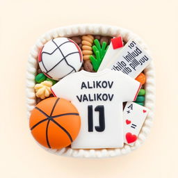 A bento cake design featuring a flat illustration of a basketball, a volleyball net, and the outline of a football jersey with the name "Valikov" prominently displayed