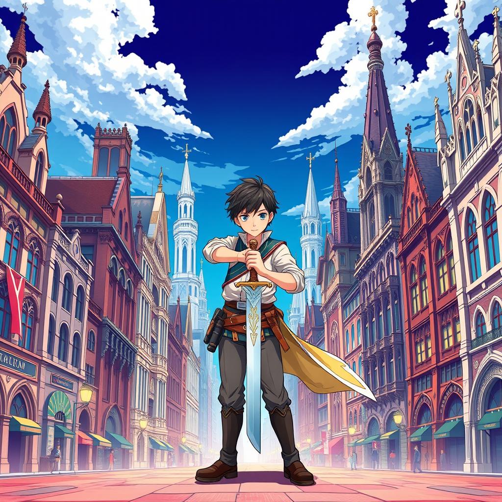 An anime-style poster featuring a vibrant city with Gothic Revival architecture