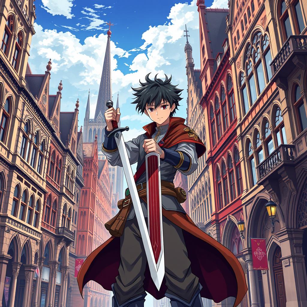 An anime-style poster featuring a vibrant city with Gothic Revival architecture