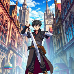 An anime-style poster featuring a vibrant city with Gothic Revival architecture