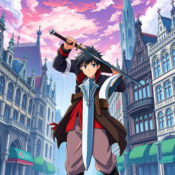 An anime-style poster featuring a vibrant city with Gothic Revival architecture