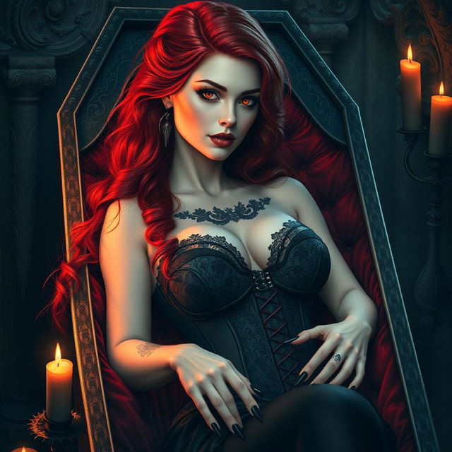 A captivating female vampire character designed for the cover of a gothic novel