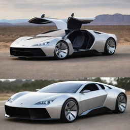 Imagine a fusion between the iconic DeLorean from 'Back to the Future' and the futuristic design of a Devel Sixteen, creating a time-travel supercar concept