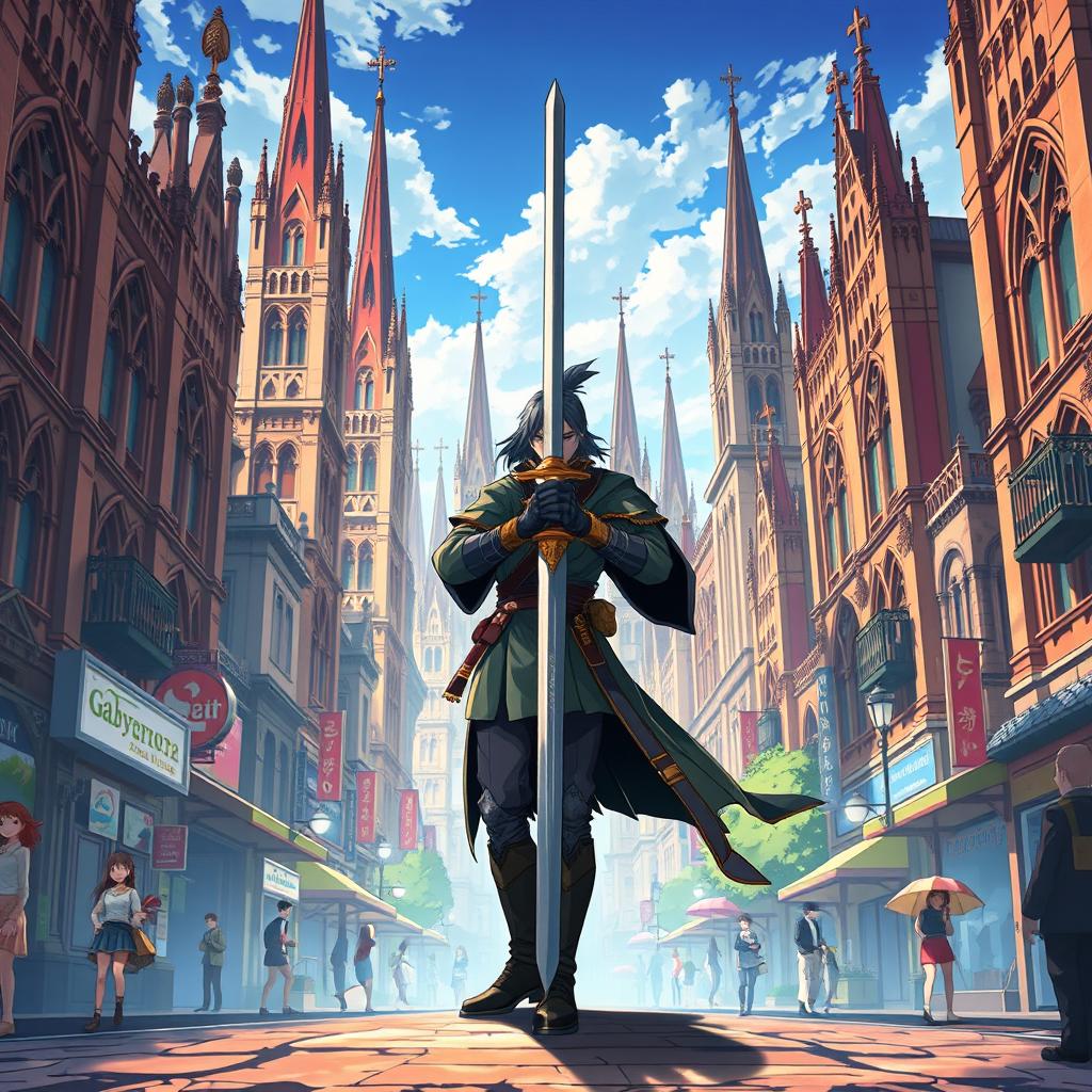 An anime-style poster showcasing a lively city highlighted by its Gothic Revival architecture