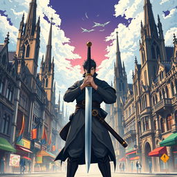 An anime-style poster showcasing a lively city highlighted by its Gothic Revival architecture