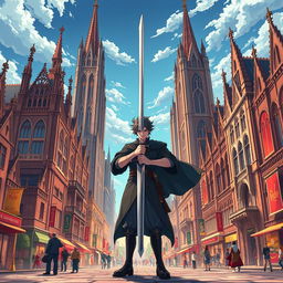 An anime-style poster showcasing a lively city highlighted by its Gothic Revival architecture