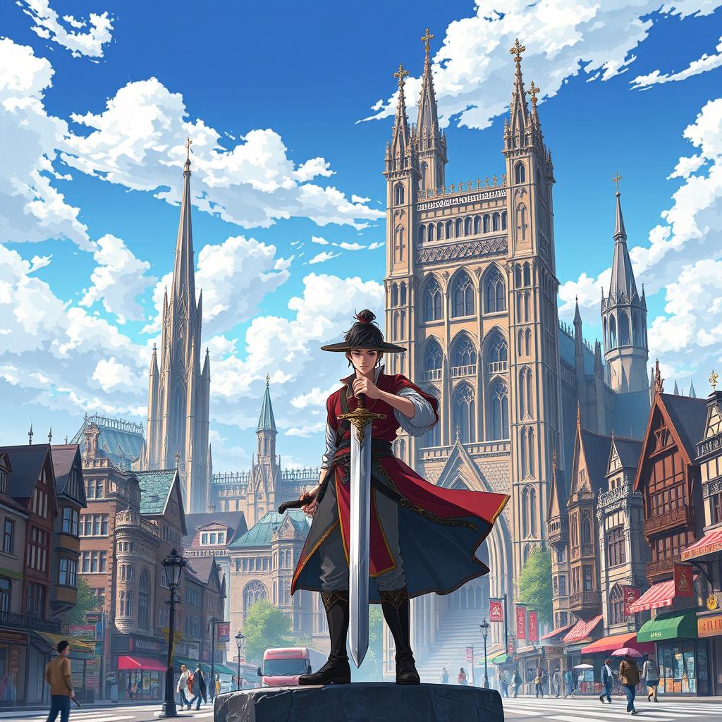 An anime-style poster showcasing a lively city highlighted by its Gothic Revival architecture