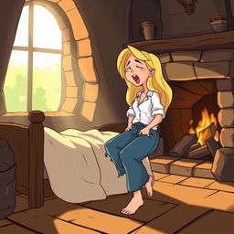 Cenerentola waking up in the morning, yawning beside her makeshift bed near the fireplace