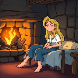 Cenerentola waking up in the morning, yawning beside her makeshift bed near the fireplace