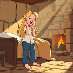 Cenerentola waking up in the morning, yawning beside her makeshift bed near the fireplace