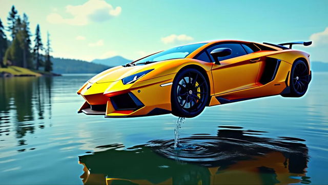 An eye-catching YouTube thumbnail inspired by MrBeast, featuring a Lamborghini suspended dramatically in the air above a serene lake