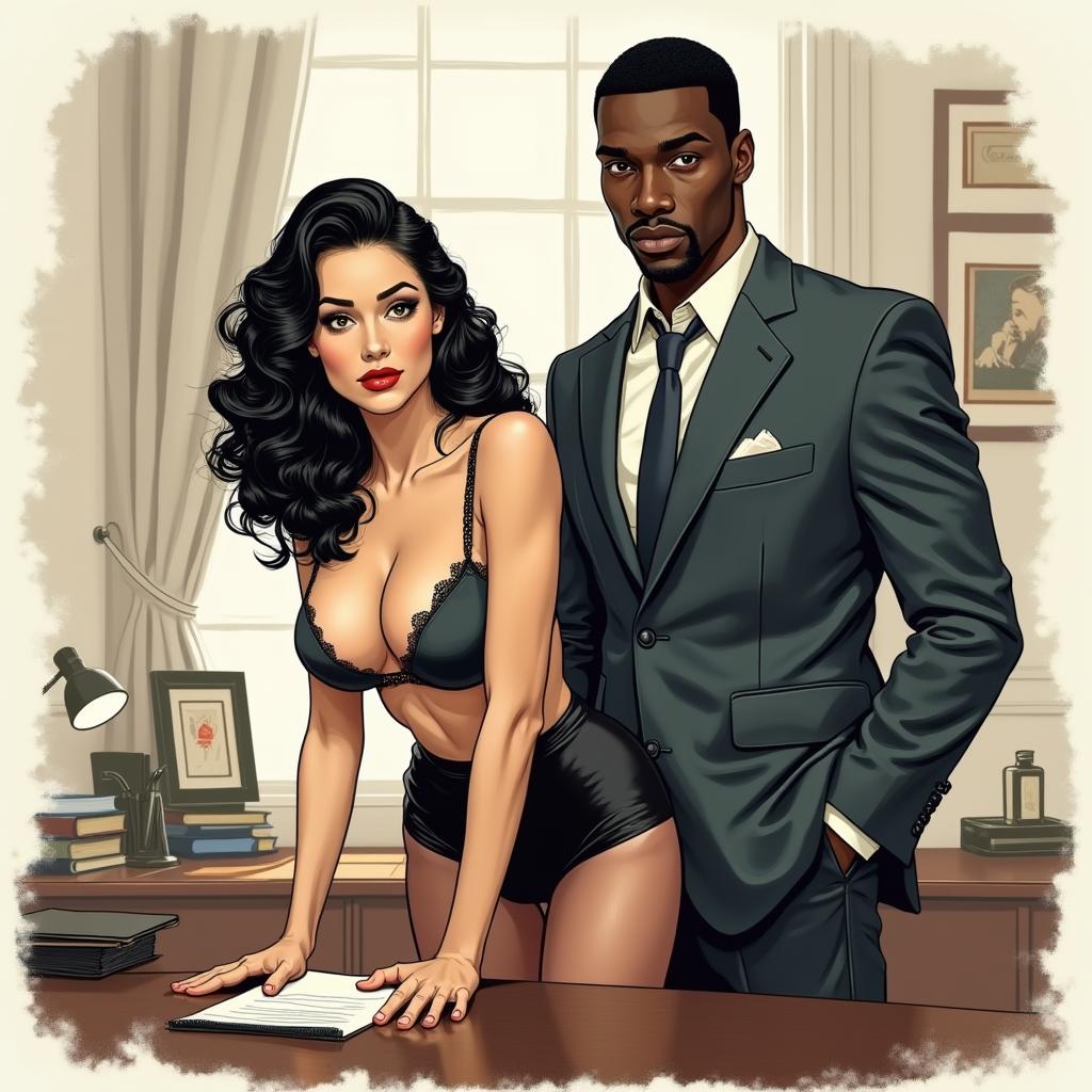 A romantic and sexy drawing of a white business woman with black, curly hair, clad in a 50's style bra and stockings, bending over an office desk