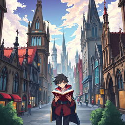 An anime-style poster showcasing a lively city characterized by Gothic Revival architecture