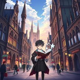 An anime-style poster showcasing a lively city characterized by Gothic Revival architecture