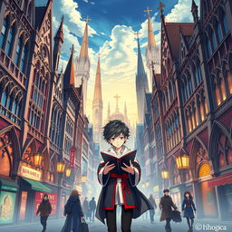 An anime-style poster showcasing a lively city characterized by Gothic Revival architecture