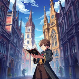 An anime-style poster showcasing a lively city characterized by Gothic Revival architecture