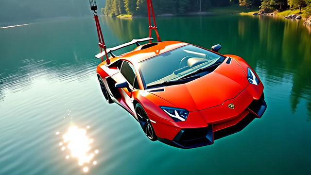 An eye-catching YouTube thumbnail inspired by MrBeast, featuring a stunning Lamborghini suspended dramatically above a shimmering lake, held by a complex rigging system