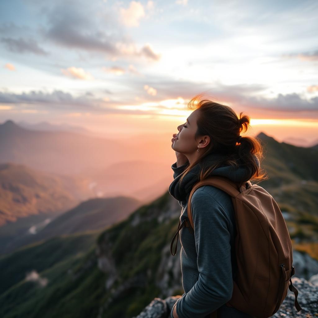 A traveler enjoying a serene mountain landscape at sunrise, standing on the edge of a cliff with a breathtaking view of valleys and distant peaks bathed in golden light