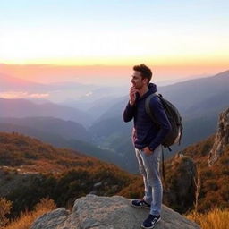 A traveler enjoying a serene mountain landscape at sunrise, standing on the edge of a cliff with a breathtaking view of valleys and distant peaks bathed in golden light