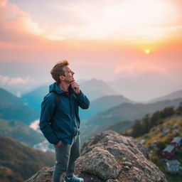 A traveler enjoying a serene mountain landscape at sunrise, standing on the edge of a cliff with a breathtaking view of valleys and distant peaks bathed in golden light