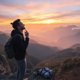 A traveler enjoying a serene mountain landscape at sunrise, standing on the edge of a cliff with a breathtaking view of valleys and distant peaks bathed in golden light
