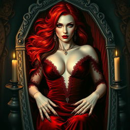 A captivating female vampire character designed for the cover of a gothic novel