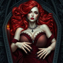 A captivating female vampire character designed for the cover of a gothic novel