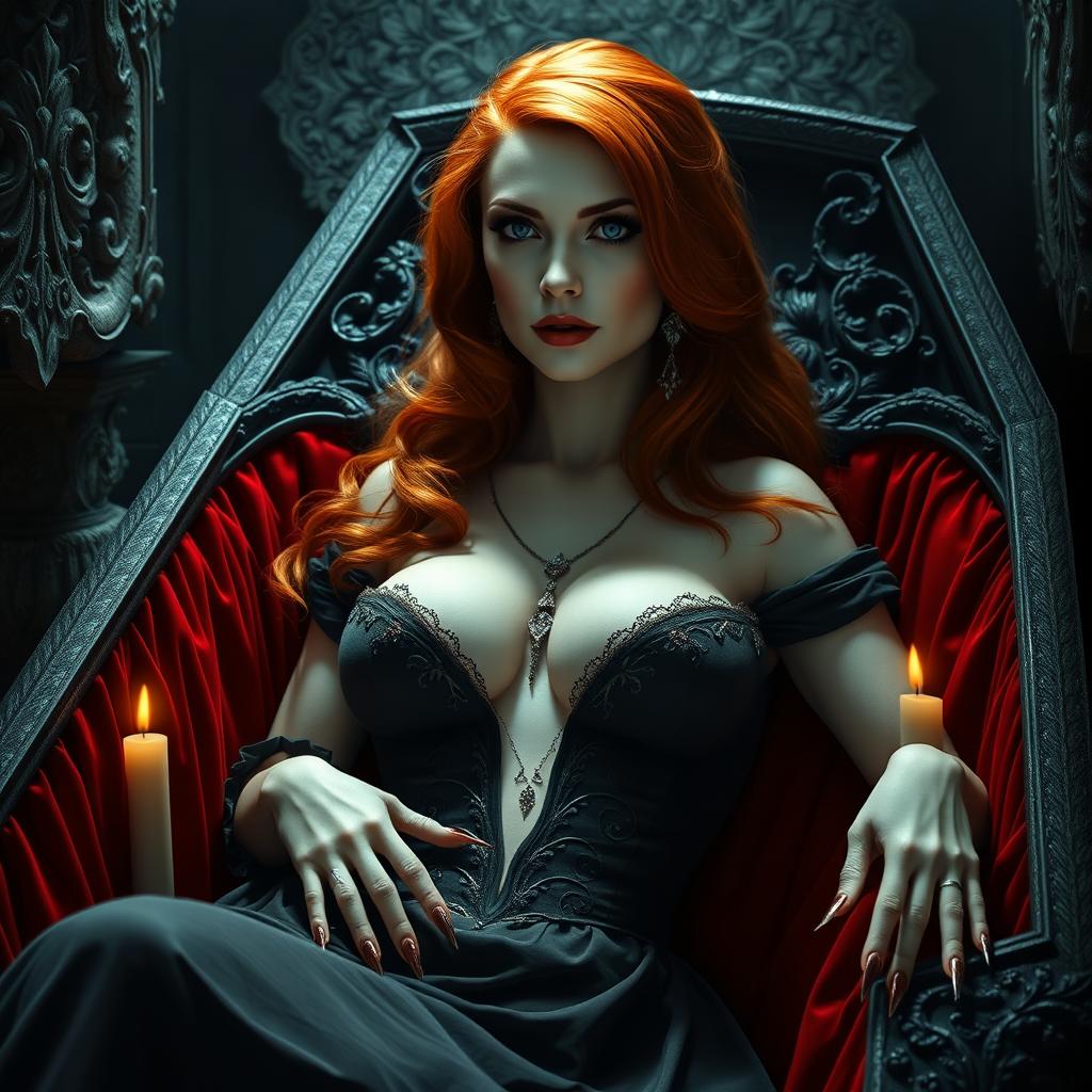 A captivating female vampire character designed for the cover of a gothic novel