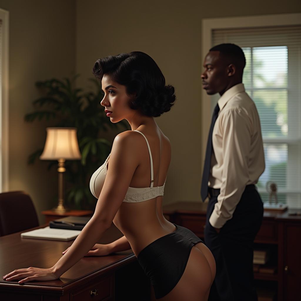 A romantic and sexy scene in an office setting, featuring a white business woman with short, curly black hair, dressed in a 50's style bra and stockings