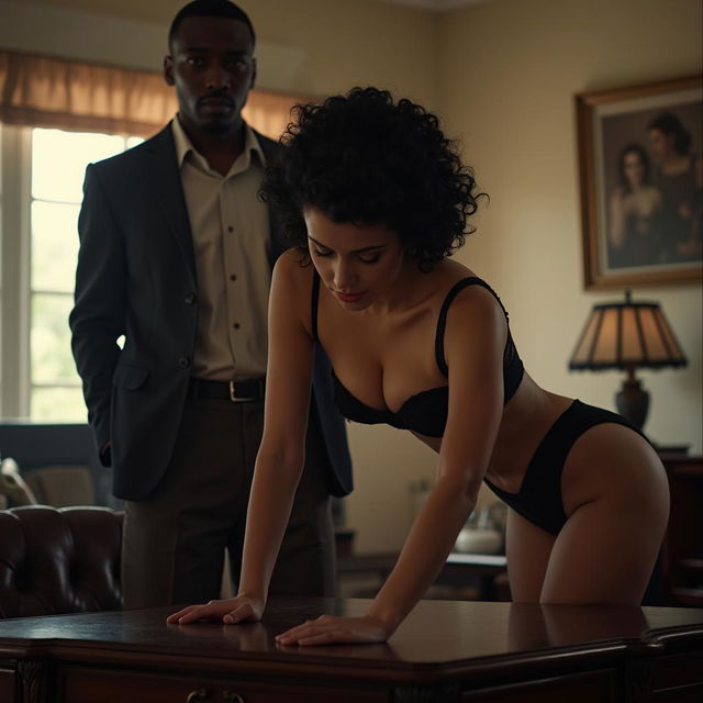 A romantic and sexy scene in an office setting, featuring a white business woman with short, curly black hair, dressed in a 50's style bra and stockings