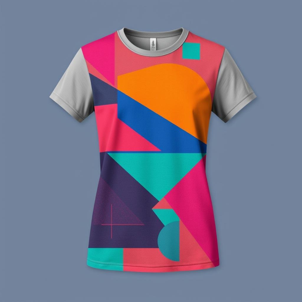 A stylish t-shirt with a modern retro design, featuring a bold geometric pattern in vibrant colors