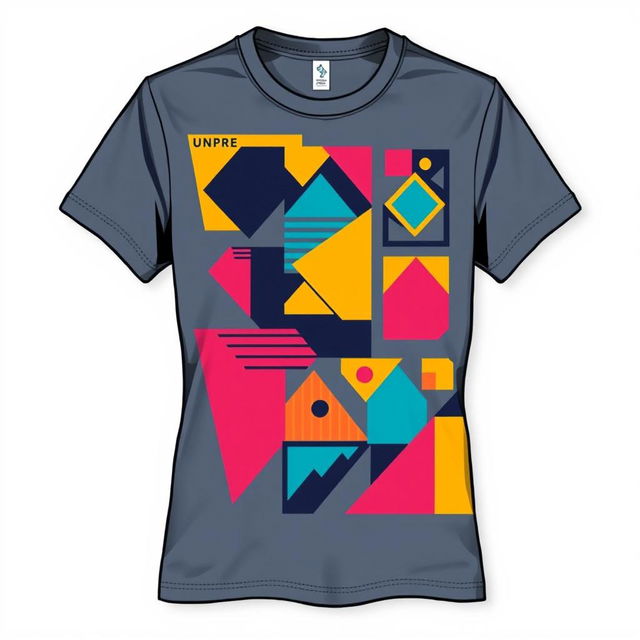 A stylish t-shirt with a modern retro design, featuring a bold geometric pattern in vibrant colors