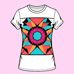 A stylish t-shirt with a modern retro design, featuring a bold geometric pattern in vibrant colors