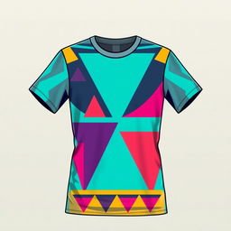 A stylish t-shirt with a modern retro design, featuring a bold geometric pattern in vibrant colors