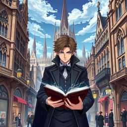 An anime-style poster featuring a bustling city adorned with Gothic Revival architecture, demonstrating its establishment and rapid growth