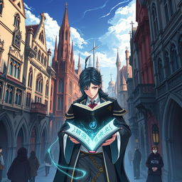 An anime-style poster featuring a bustling city adorned with Gothic Revival architecture, demonstrating its establishment and rapid growth