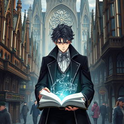 An anime-style poster featuring a bustling city adorned with Gothic Revival architecture, demonstrating its establishment and rapid growth