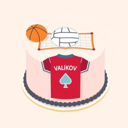 A bento cake design featuring a flat illustration of a basketball, a volleyball net, and the outline of a football jersey with the name "Valikov" prominently displayed