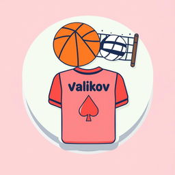 A bento cake design featuring a flat illustration of a basketball, a volleyball net, and the outline of a football jersey with the name "Valikov" prominently displayed