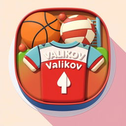 A bento cake design featuring a flat illustration of a basketball, a volleyball net, and the outline of a football jersey with the name "Valikov" prominently displayed