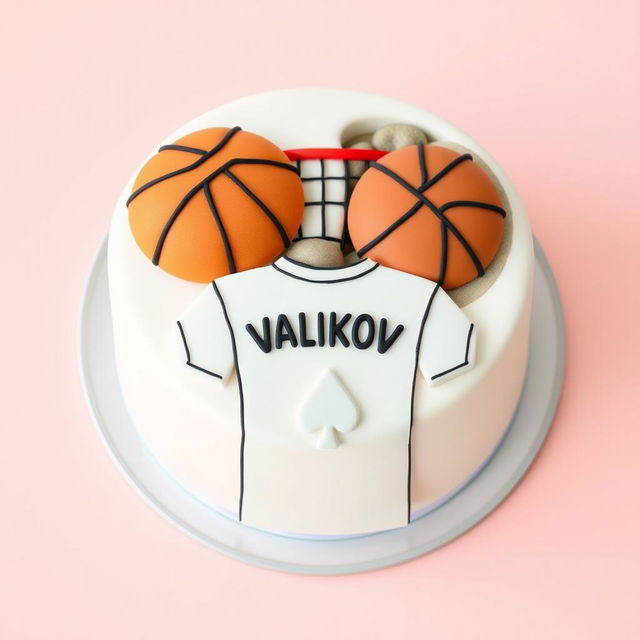 A bento cake design featuring a flat illustration of a basketball, a volleyball net, and the outline of a football jersey with the name "Valikov" prominently displayed