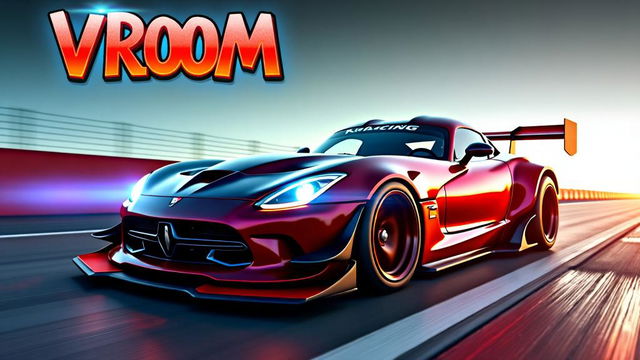 A striking YouTube thumbnail for a car channel featuring a custom race car named "Vroom"