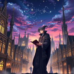 Anime poster showcasing a Gothic Revival architecture city experiencing rapid growth