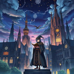 Anime poster showcasing a Gothic Revival architecture city experiencing rapid growth