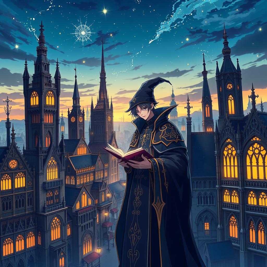 Anime poster showcasing a Gothic Revival architecture city experiencing rapid growth