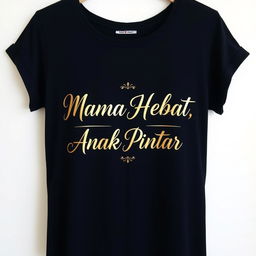 A simple, luxurious, and elegant t-shirt design featuring the phrase 'Mama Hebat, Anak Pintar' rendered in sophisticated calligraphy or an elegant serif typeface