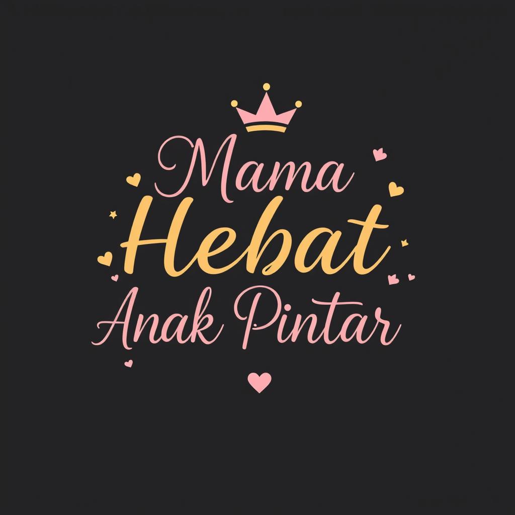 A cute, stylish, luxurious, and elegant t-shirt design showcasing the phrase 'Mama Hebat, Anak Pintar' in a charming, playful script