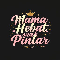 A cute, stylish, luxurious, and elegant t-shirt design showcasing the phrase 'Mama Hebat, Anak Pintar' in a charming, playful script