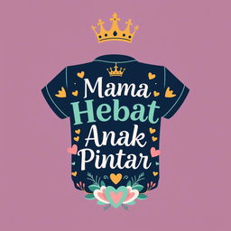 A captivating back design for a t-shirt with a playful yet elegant theme titled 'Mama Hebat, Anak Pintar'